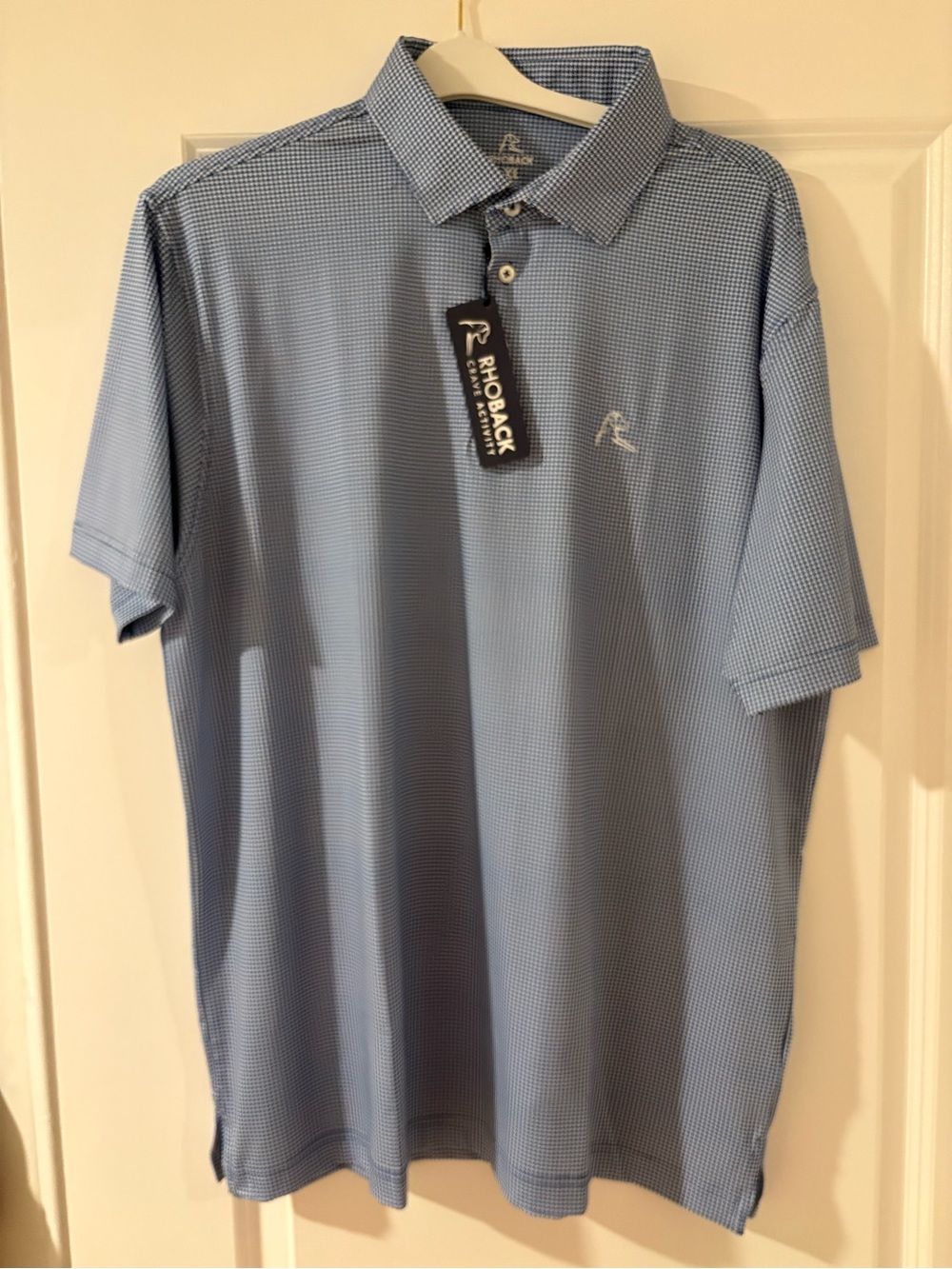 Rhoback Light Blue Micro‑Check Performance Polo